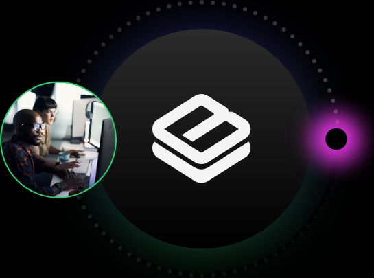 Bogart logo in between a photo of people in the office and a glowing ball